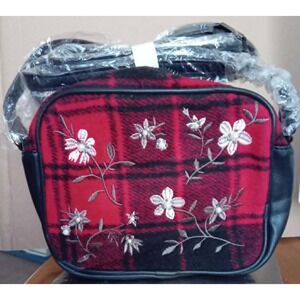 Red/ Black Plaid Wool Crossbody Embroidered Flowers And Embellishments NEW